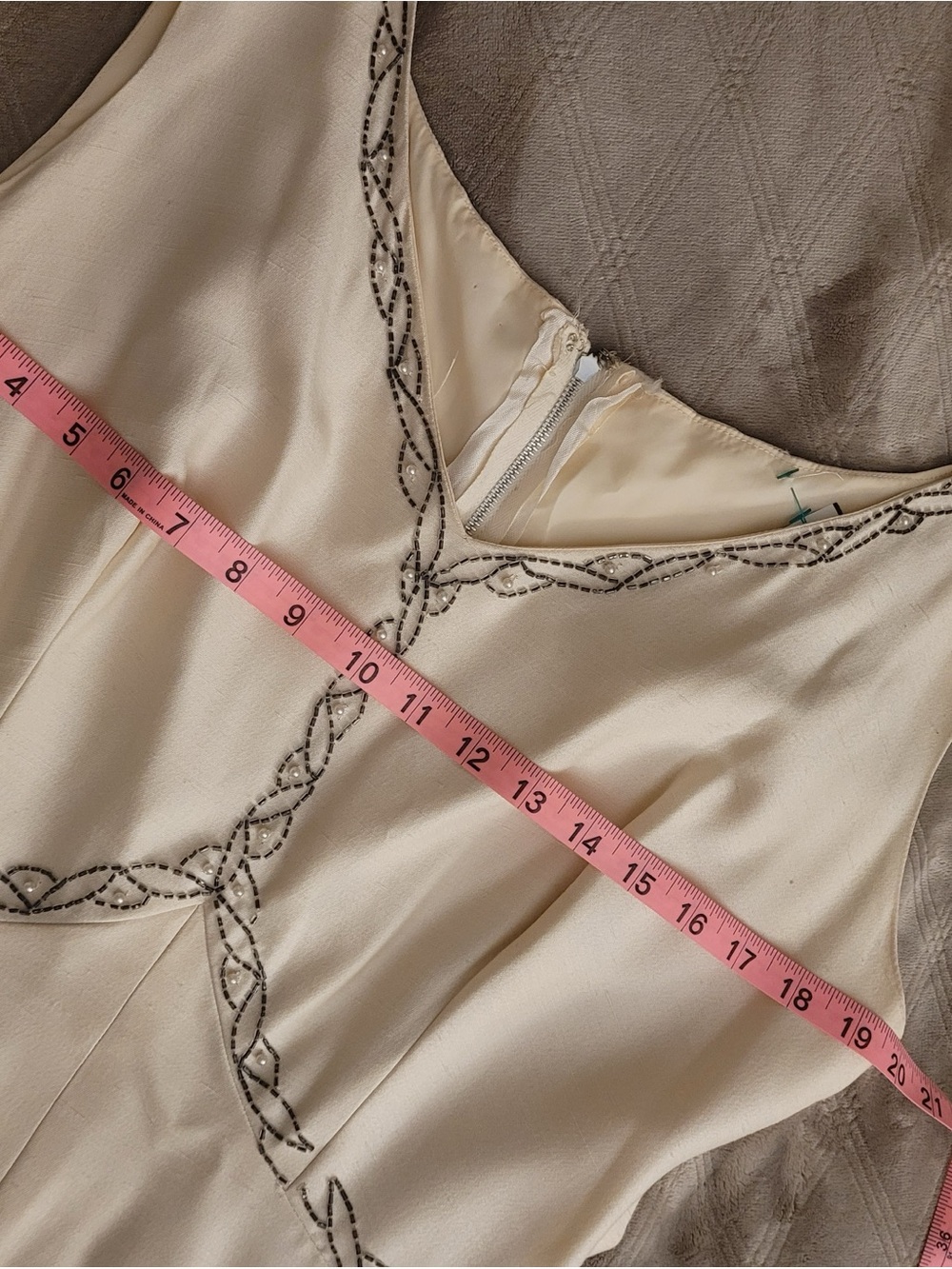 Vintage Cream Beaded V-Neck Dress with Brown Embroidery beading - Picture 5 of 7